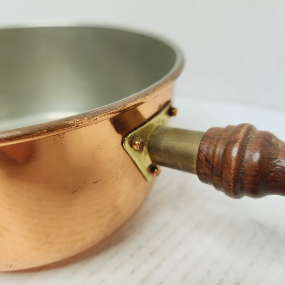 BONGUSTO Copper Sauce Pan/Pot Lid ITALY 7" Dia Covered Cooking TinLined VTG Wood - Picture 12 of 16